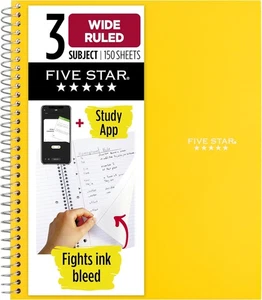 Five Star Spiral Notebook + Study App, 3 Subject, Wide Pack of 1, 09 Yellow  - Picture 1 of 9