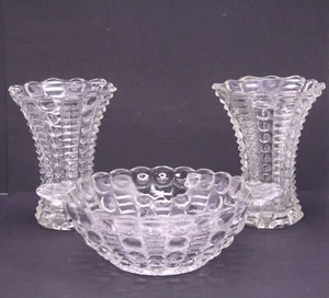 MAYFLOWER Clear Vase and Bon-Bon Dish Set of 3 Indiana Glass Dots And Rays - Picture 1 of 19
