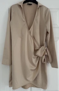 Pretty Little Thing Champagne Gold Satin Wrap Dress Tie Size 8 - Picture 1 of 4