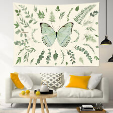 Botanical Green Leaf Butterfly Beige Tapestry Wall Hanging Bedroom Dorm Decor