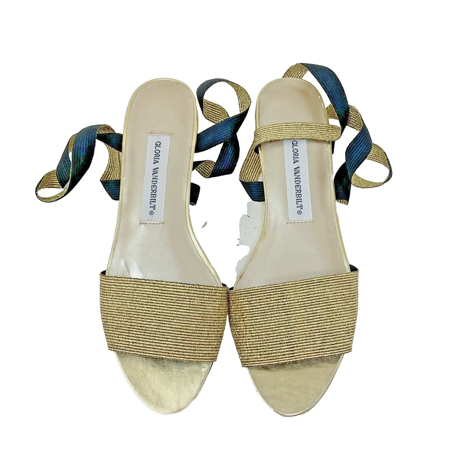 Vintage 80s 90s Gloria Vanderbilt Ankle Wedge Gold Espadrille Sandals Evening 8 - Image 1 of 4