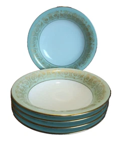 Noritake "Viscount" Cereal/Soup Bowls Japan Fine China Set of 5 Green Gold - Picture 1 of 5