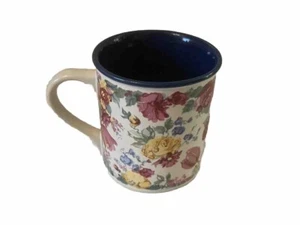 Tasse à café fleurie pot-pourri presse beige jaune rose bleu grès 1988 Corée - Photo 1/3