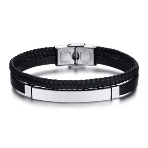 Personalised Men Jewelry Custom Engraved Leather Stainless Steel Bracelet Bangle - Picture 1 of 30
