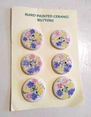 BUTTON SET OF  6 HAND MADE EARTHENWARE CERAMIC  ROUND 3 CMS DIA COLOURED FLOWER - Image 1 of 2