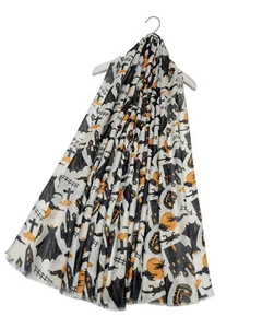 Women Assorted Cartoon Halloween Print Frayed Scarf Ladies Festive Stole 7673 - Picture 1 of 2