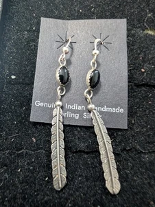 Vintage Navajo Sterling Silver Black Onyx Earrings with dangle feather Sz 2-1/2" - Picture 1 of 3