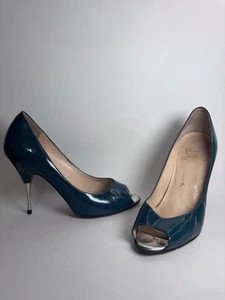 Christian Louboutin Blue Patent Leather Lady Peep Toe Platform Pumps New Tips - Picture 1 of 22