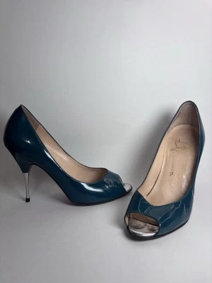 Christian Louboutin Blue Patent Leather Lady Peep Toe Platform Pumps New Tips - Image 1 of 4