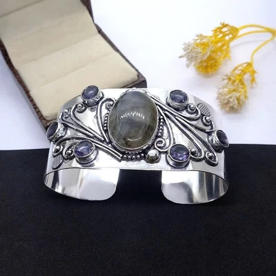 925 Sterling Silver Labradorite With Amethyst Gemstone jewelry Cuff Bracelet - Image 1 of 4