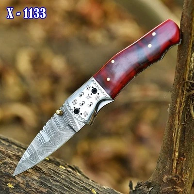 Handmade Damascus Steel Folding Dagger Blade Pocket Knife Hunting Tactical - Image 1 of 4