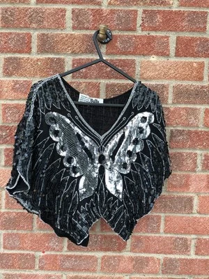 Vintage Bella of London Silk Top with Sequin Butterfly Design - Image 1 of 4