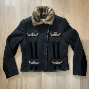Pamela McCoy Collections Wool Blend Blazer Sweater Faux Fur Neck Size S Black - Picture 1 of 10