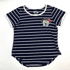 Disney Mickey And Minnie Mouse Blue Striped Cap Sleeve Top T-Shirt Women’s L - Picture 1 of 9