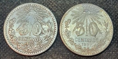 BETTER GRADE TWO TYPES OF 1907 Mexico 50 CENTAVOS coins L1343 - Image 1 of 2