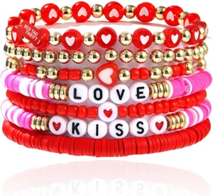 Pulseras con cuentas de arcilla amor forma corazón día de San Valentín en capas para mujer joyería - Imagen 1 de 13
