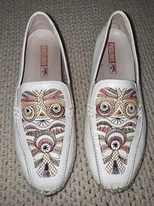Vintage Boho Chic Pikolinos Aztec Embroidered White Leather Moccasin Loafer 40 9 - Picture 1 of 14