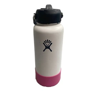 Botella de agua Hydro Flask 32 oz boca ancha blanca con fondo de goma rosa y pajita - Imagen 1 de 23
