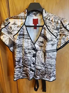 JS Collection Womens Blouse Size 16 Beige Brown Button Front Black Ribbon Belt - Picture 1 of 6