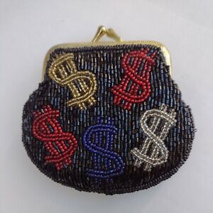 Vintage Black Beaded Change Purse with Five Dollar Signs On Both Sides 4x1x4