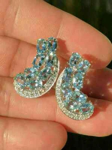 2.5Ct Oval Cut Lab Created Aquamarine Stud Earrings 14K White Gold Plated Silver - Picture 1 of 9