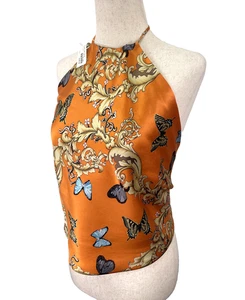 Vintage Halter Top Womens SILK Orange Butterfly Baroque Print Tie Back USA $195 - Picture 1 of 18