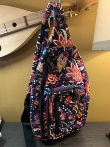 Vera Bradley Sling Black Paisley Floral Backpack Bag Quilted Classic - Picture 1 of 11