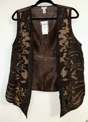 Chico’s sz 2 Beaded Vest Women's Brown Waterfall Hem Embellished Open Front NWT - Image 1 of 4