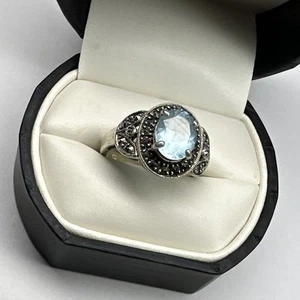 Art Deco 925 Sterling Silver Blue Aquamarine Marcasite Stone Ring SZ 9 - Picture 1 of 5