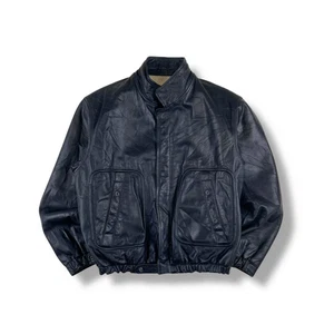 Armani 80s Black Leather Military Jacket One Size Quilted Snap Closure - Picture 1 of 12
