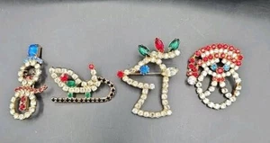 Vintage Christmas Set Of 4  Brooch Multicolor Rhinestones Pins Holiday Whimsical - Picture 1 of 13