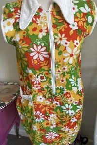 Original 1970’s Bright Floral Print Towelling Summer Dress - Size 10 - Picture 1 of 6