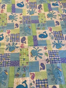 OCEAN Octopus WHALES Blocks Cheater Quilt Cotton Fabric 36" X 45" Blue SEA Kids - Picture 1 of 7