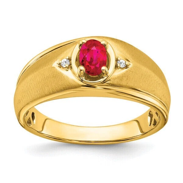 14k Yellow Gold Oval Cut Natural Ruby and Diamond Men's Signet Band Ring - Image 1 of 4