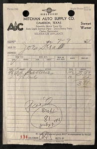 Vintage 1951 MITCHAN AUTO SUPPLY Co Bill Head CAMERON TEXAS Kelvinator - Foto 1 di 6