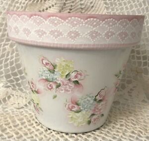 Hand Painted 6" Planter Cottage Chic Pink Roses Hydrangeas Shabby Lace HP 
