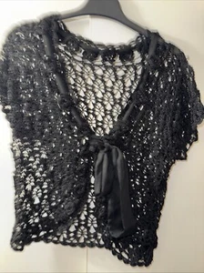 Wallis Size 12 Black Cardigan Scalloped Edge Ribbon Trim Chrochet - Picture 1 of 13