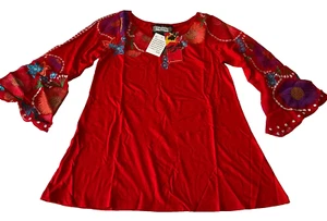Vintage Collection Long Bell Sleeve Tunic Top Women Size L Red Floral Embroider - Picture 1 of 19
