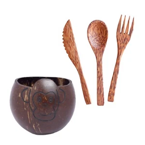 350ml Kokosnussschale Affe Schale mit 3tlg Besteck für Kinder umweltfreundlich Handarbeit - Bild 1 von 14
