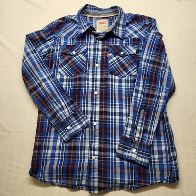 Camisa Levis Pearl Snap masculina grande azul xadrez manga longa algodão cowboy ocidental - Imagem 1 de 4