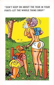 POSTCARD COMIC RISQUE GIRL BIG BOOBS PANTS BARBED WIRE - Picture 1 of 2