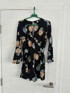 Women’s H&M Black Floral Long Sleeve Bell Cuff Playsuit Size 10 VGC - Picture 1 of 11