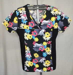 Disney Winnie the Pooh and Eeyore Scrub Top Womens Size XS V-Neck Floral - Picture 1 of 10