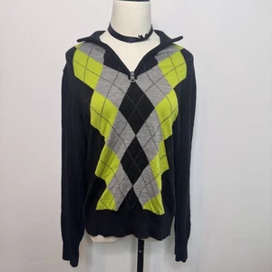 Vintage 2000s Green Black Argyle Merino Wool 1/4 Zip Ribbed Sweater • Grunge Y2K - Picture 1 of 5