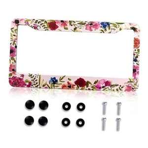 License Plate Frames, Flowers Aluminum Metal License Plate Holder Pink Floral - Picture 1 of 7