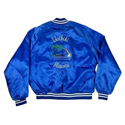 Vintage Waikiki Hawaii Satin Bomber Jacket 80s Aloha Blue Auburn Made in USA XL - Image 1 of 4