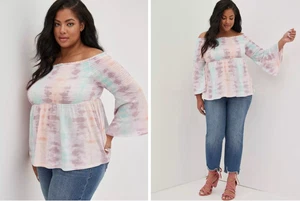 NEU Torrid Gr. 3 Pastell Batik gesmoktes schulterfreies Babydoll Oberteil Glockenärmel 3X - Bild 1 von 3