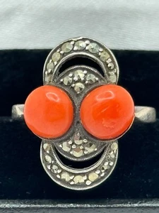 Vintage German Art Deco Theodor Fahrner 935 Sterling Silver Markasite Coral Ring - Bild 1 von 10