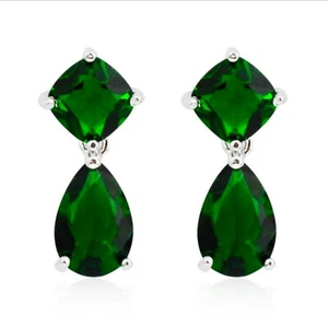5ct Cushion & Pear Green Emerald Simulated Dangle/Drop Stud Earrings 925 Silver - Picture 1 of 3