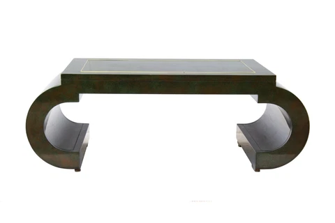 Chinoiserie Scroll Coffee Table Dk Green Lacquer with Brass Bead by Mastercraft Cover